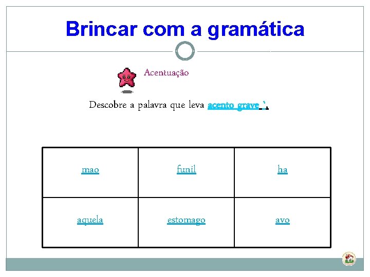 Brincar com a gramática Acentuação Descobre a palavra que leva acento grave `. mao