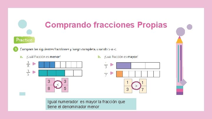 Comprando fracciones Propias 3 8 < 3 1 5 3 Igual numerador es mayor