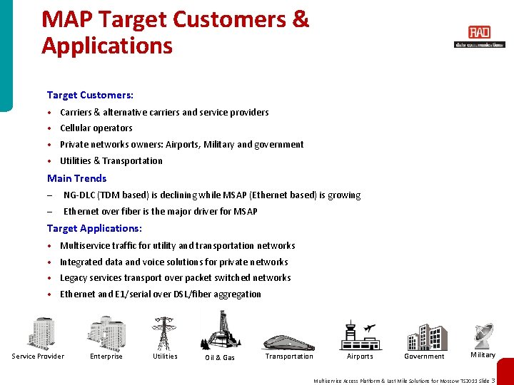 MAP Target Customers & Applications Target Customers: • Carriers & alternative carriers and service