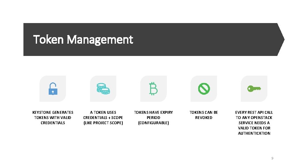 Token Management KEYSTONE GENERATES TOKENS WITH VALID CREDENTIALS A TOKEN USES CREDENTIALS + SCOPE