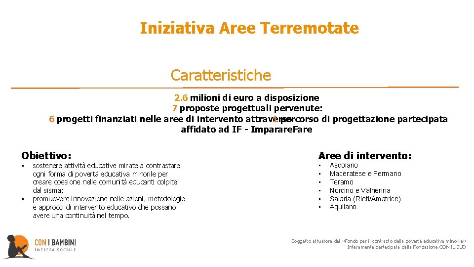 Iniziativa Aree Terremotate Caratteristiche 2. 6 milioni di euro a disposizione 7 proposte progettuali