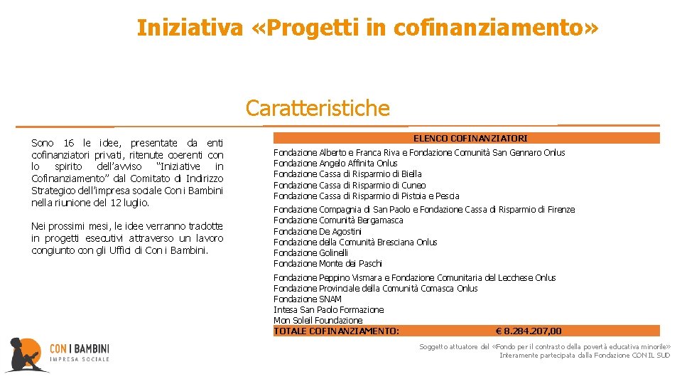 Iniziativa «Progetti in cofinanziamento» Caratteristiche Sono 16 le idee, presentate da enti cofinanziatori privati,