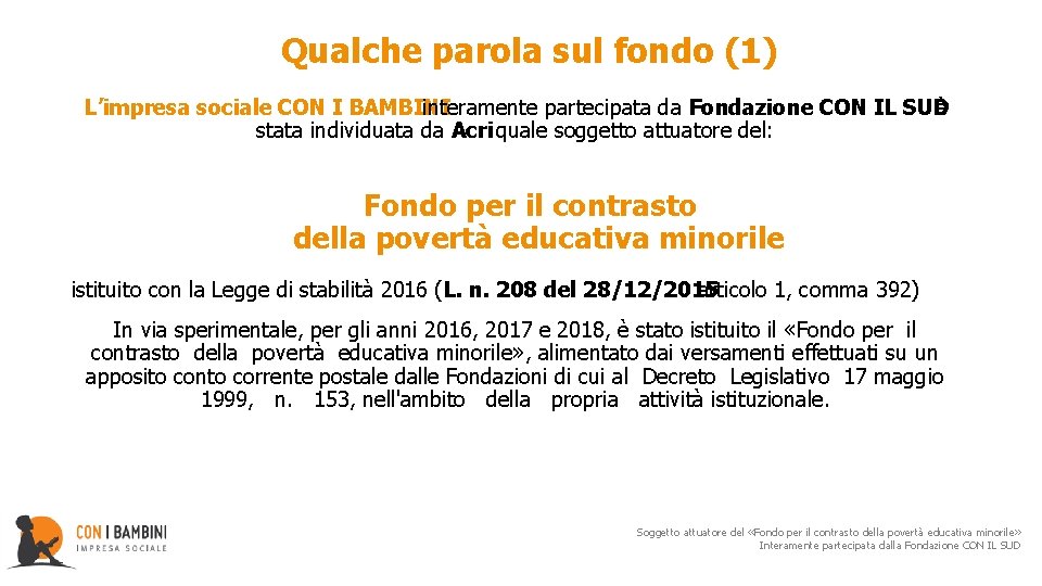 Qualche parola sul fondo (1) L’impresa sociale CON I BAMBINI interamente partecipata da Fondazione