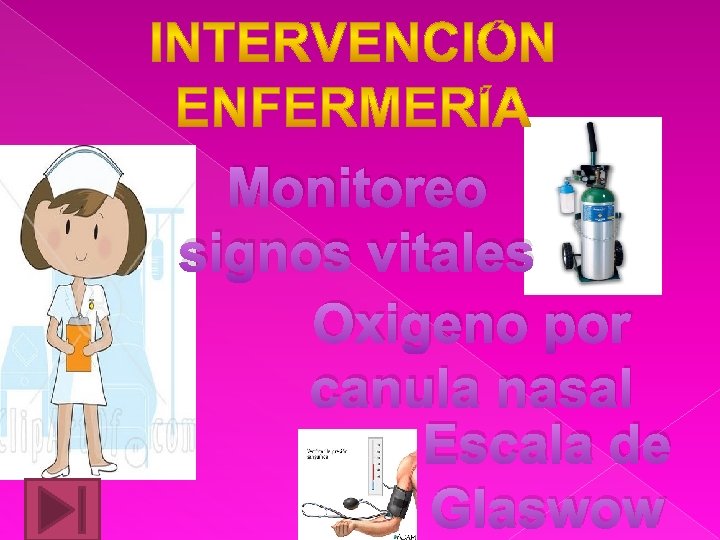 Monitoreo signos vitales Oxigeno por canula nasal Escala de Glaswow 