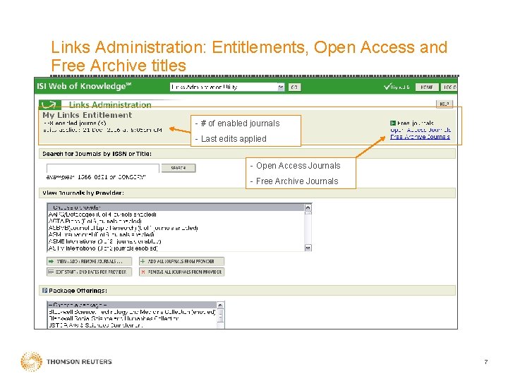 Links Administration: Entitlements, Open Access and Free Archive titles - # of enabled journals