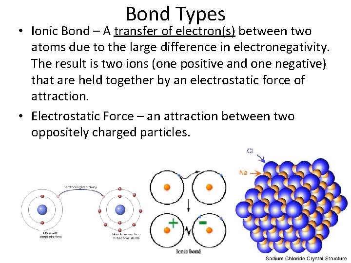 Bond Types • Ionic Bond – A transfer of electron(s) between two atoms due