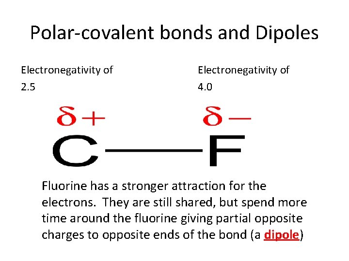Polar-covalent bonds and Dipoles Electronegativity of 2. 5 Electronegativity of 4. 0 Fluorine has