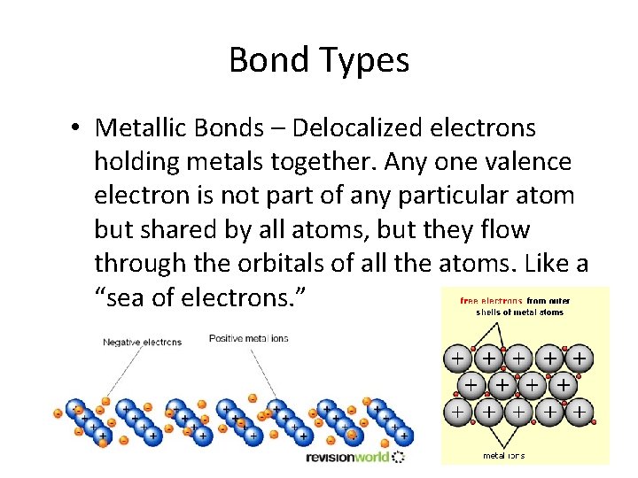 Bond Types • Metallic Bonds – Delocalized electrons holding metals together. Any one valence