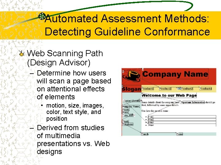 Automated Assessment Methods: Detecting Guideline Conformance Web Scanning Path (Design Advisor) – Determine how