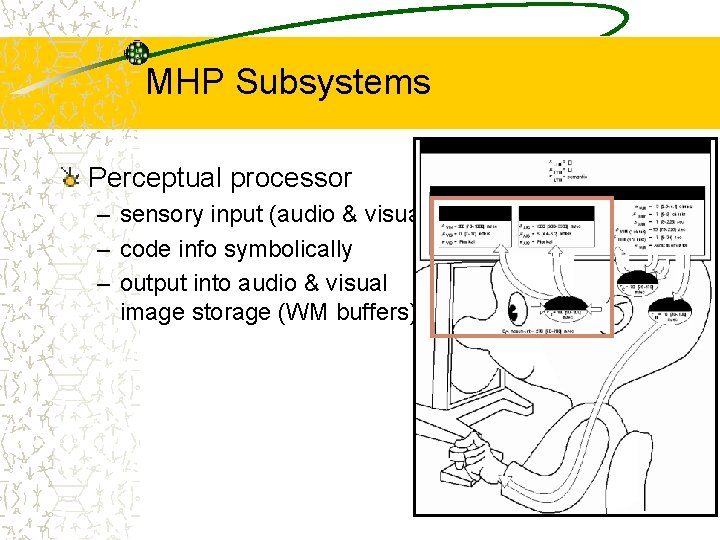 MHP Subsystems Perceptual processor – sensory input (audio & visual) – code info symbolically
