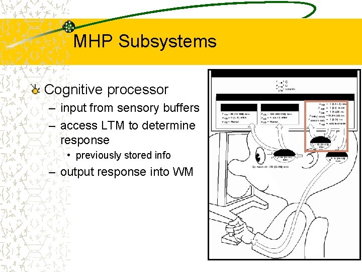 MHP Subsystems Cognitive processor – input from sensory buffers – access LTM to determine