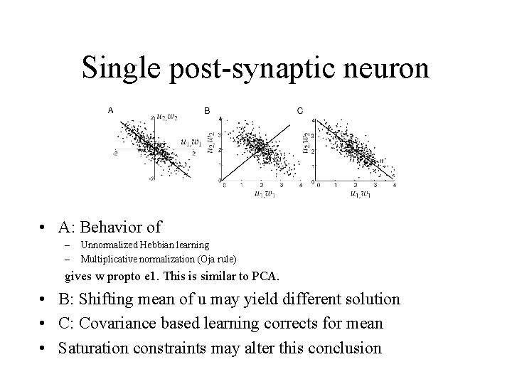 Single post-synaptic neuron • A: Behavior of – – Unnormalized Hebbian learning Multiplicative normalization