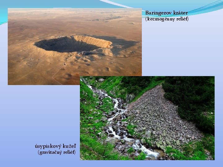 Baringerov kráter (kozmogénny reliéf) úsypiskový kužeľ (gravitačný reliéf) 