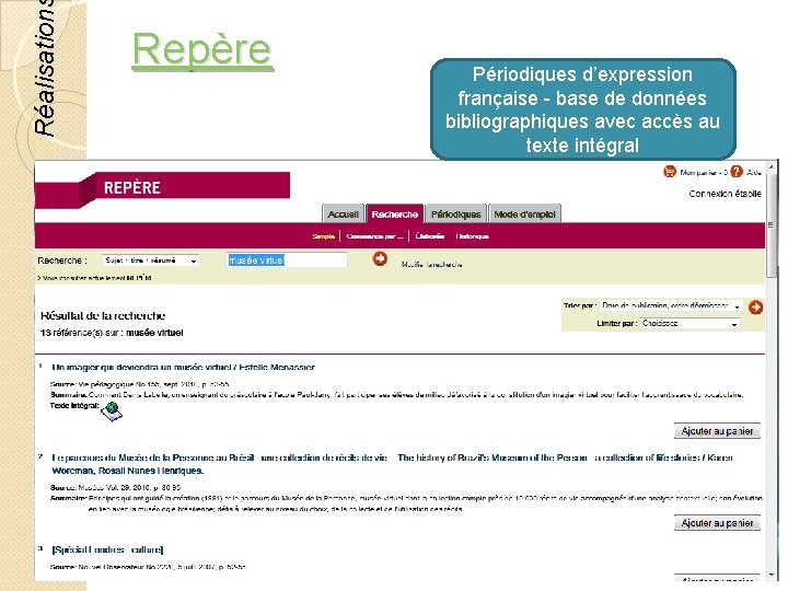 Réalisation Repère Périodiques d’expression française - base de données bibliographiques avec accès au texte