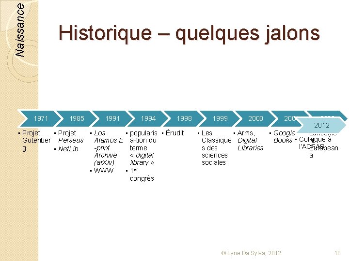 Naissance Historique – quelques jalons 1971 1985 1991 • Projet • Los Gutenber Perseus