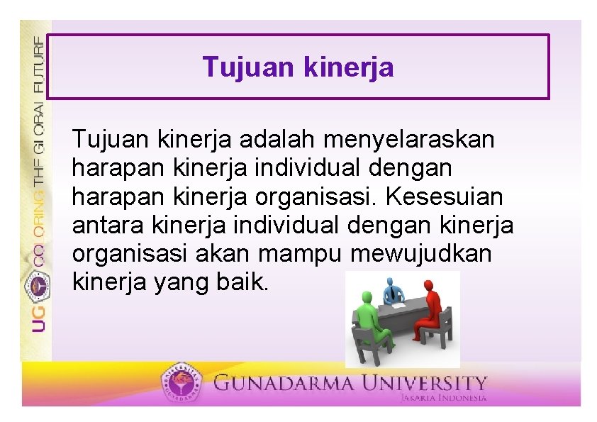 Tujuan kinerja adalah menyelaraskan harapan kinerja individual dengan harapan kinerja organisasi. Kesesuian antara kinerja