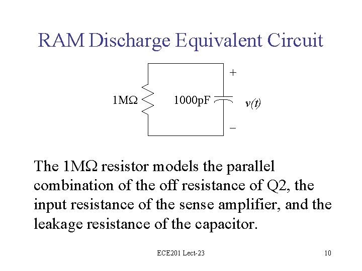 RAM Discharge Equivalent Circuit + 1 M 1000 p. F v(t) – The 1