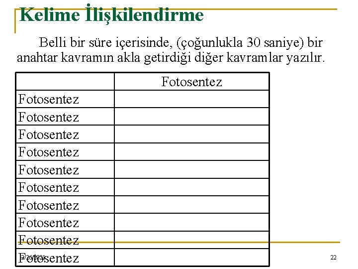 Kelime İlişkilendirme Belli bir süre içerisinde, (çoğunlukla 30 saniye) bir anahtar kavramın akla getirdiği