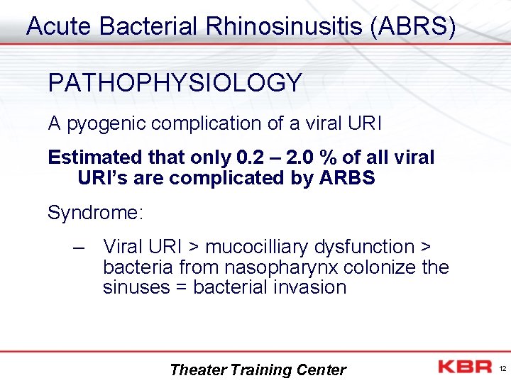 Acute Bacterial Rhinosinusitis (ABRS) PATHOPHYSIOLOGY A pyogenic complication of a viral URI Estimated that