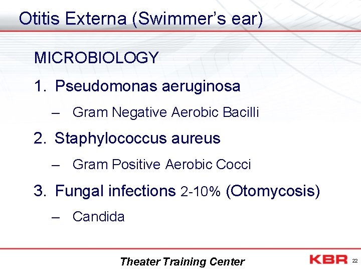 Otitis Externa (Swimmer’s ear) MICROBIOLOGY 1. Pseudomonas aeruginosa – Gram Negative Aerobic Bacilli 2.