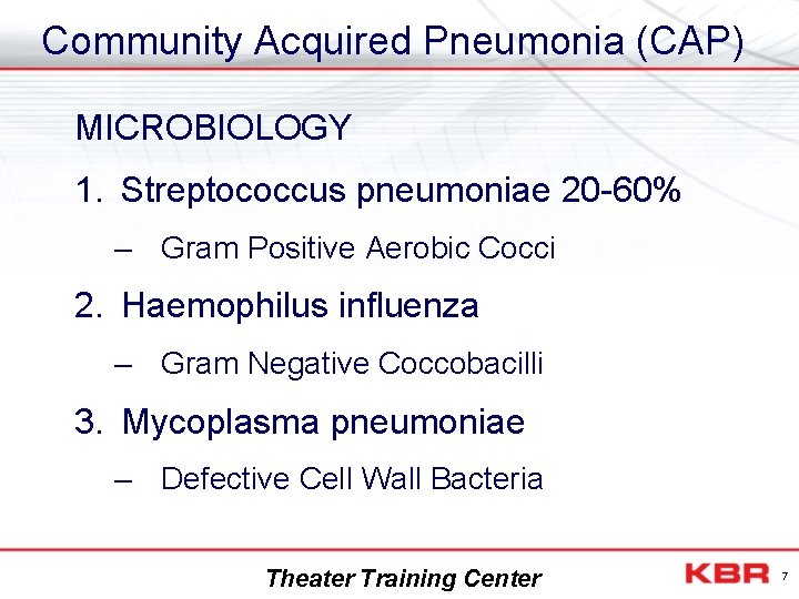 Community Acquired Pneumonia (CAP) MICROBIOLOGY 1. Streptococcus pneumoniae 20 -60% – Gram Positive Aerobic