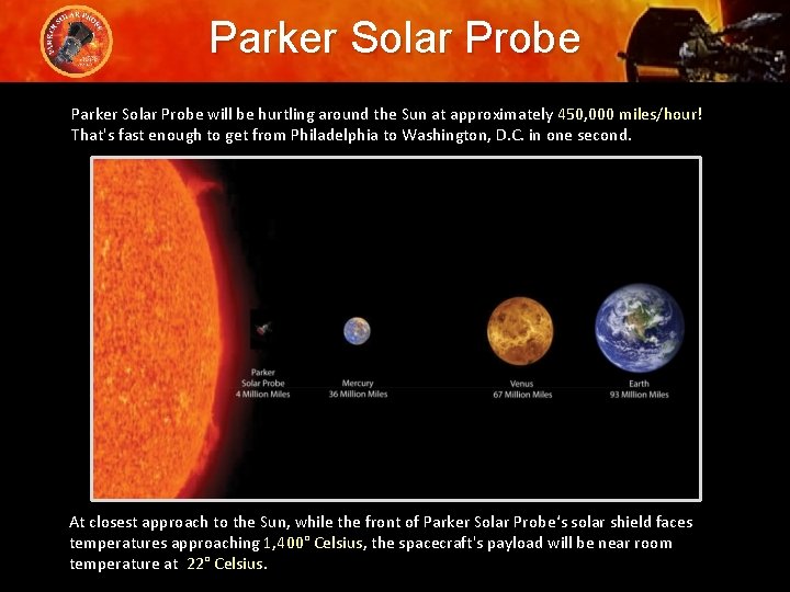 Parker Solar Probe will be hurtling around the Sun at approximately 450, 000 miles/hour!