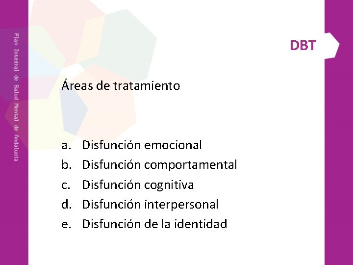 DBT Áreas de tratamiento a. b. c. d. e. Disfunción emocional Disfunción comportamental Disfunción