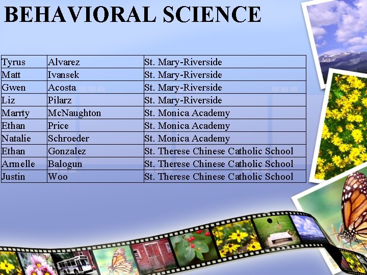 BEHAVIORAL SCIENCE Tyrus Matt Gwen Liz Marrty Ethan Natalie Ethan Armelle Justin Alvarez Ivansek