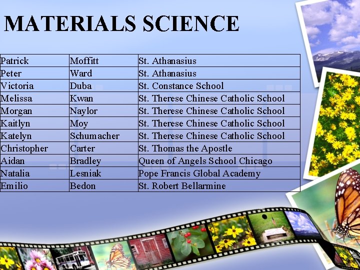 MATERIALS SCIENCE Patrick Peter Victoria Melissa Morgan Kaitlyn Katelyn Christopher Aidan Natalia Emilio Moffitt