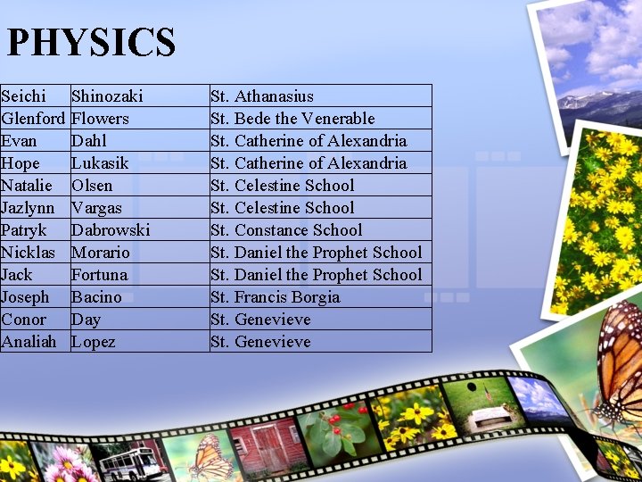 PHYSICS Seichi Glenford Evan Hope Natalie Jazlynn Patryk Nicklas Jack Joseph Conor Analiah Shinozaki