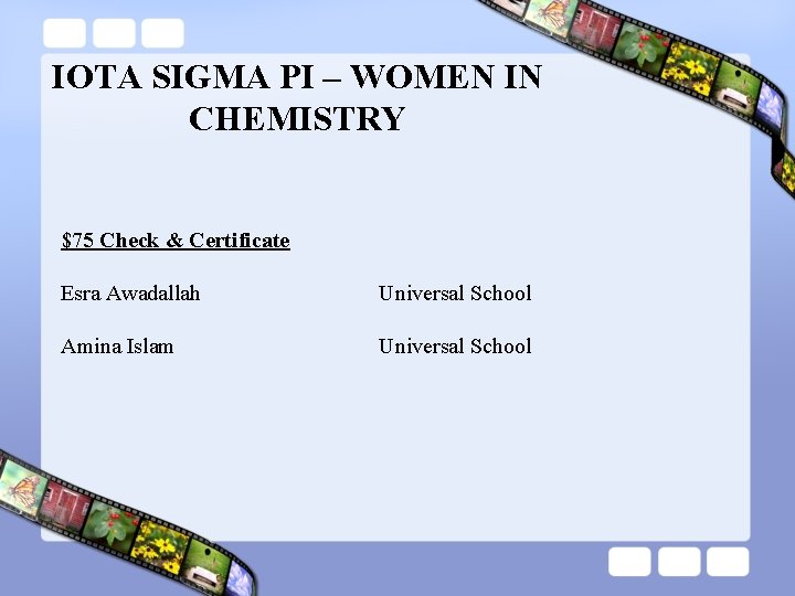 IOTA SIGMA PI – WOMEN IN CHEMISTRY $75 Check & Certificate Esra Awadallah Amina