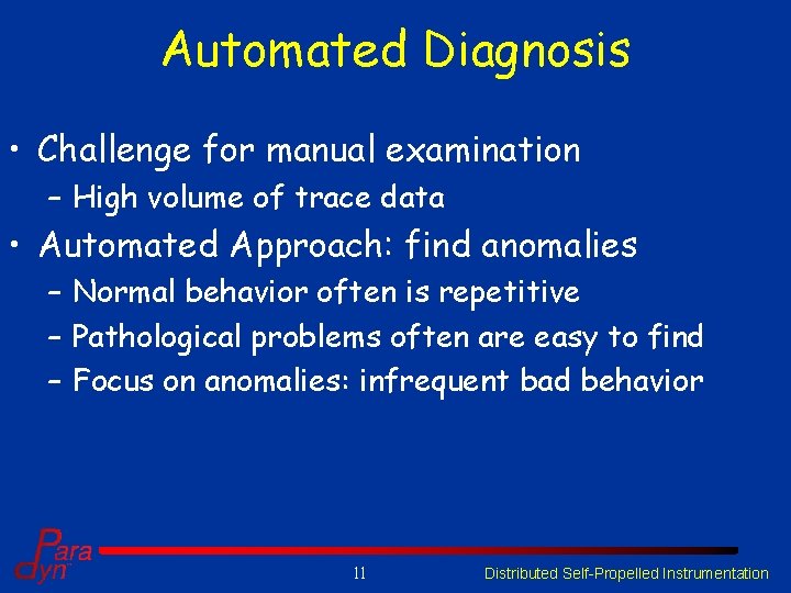 Automated Diagnosis • Challenge for manual examination – High volume of trace data • Automated Diagnosis • Challenge for manual examination – High volume of trace data •