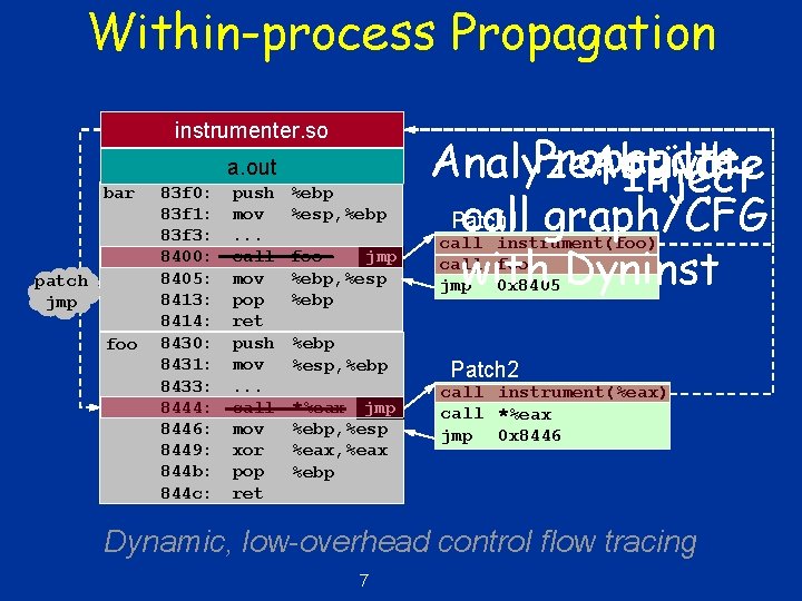Within-process Propagation instrumenter. so a. out bar patch jmp foo 83 f 0: 83 Within-process Propagation instrumenter. so a. out bar patch jmp foo 83 f 0: 83