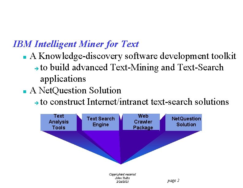IBM Intelligent Miner for Text n A Knowledge-discovery software development toolkit è to build