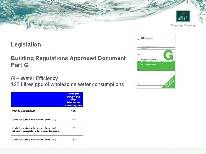 Legislation Building Regulations Approved Document Part G G – Water Efficiency 125 Litres ppd