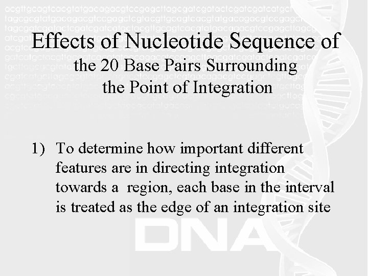 Effects of Nucleotide Sequence of the 20 Base Pairs Surrounding the Point of Integration