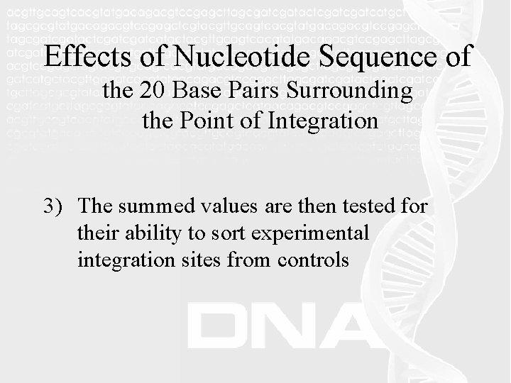 Effects of Nucleotide Sequence of the 20 Base Pairs Surrounding the Point of Integration