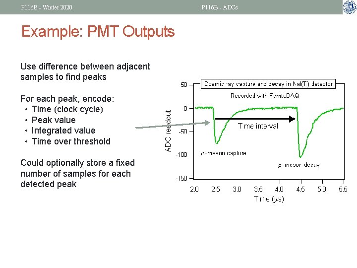 P 116 B - Winter 2020 Example: PMT Outputs Use difference between adjacent samples