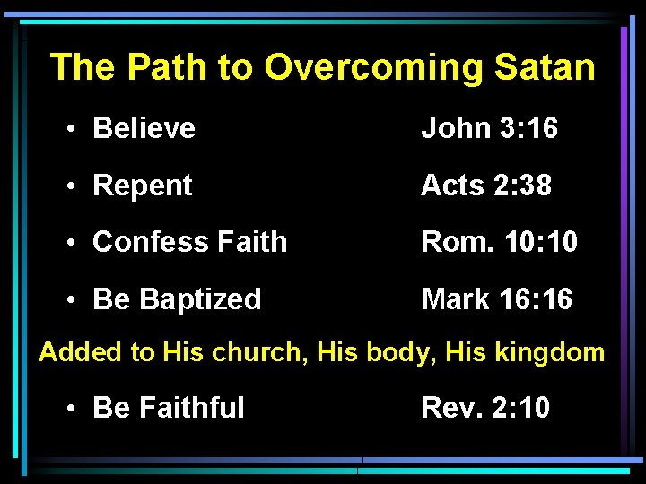 The Path to Overcoming Satan • Believe John 3: 16 • Repent Acts 2: