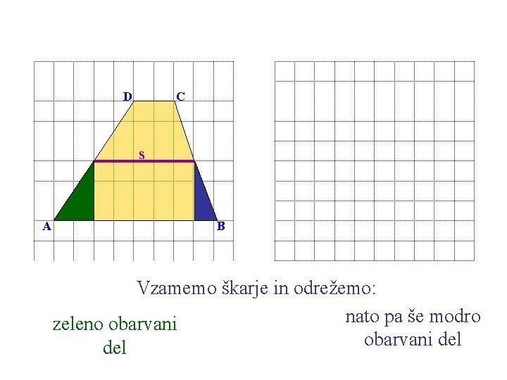 C D s A B Vzamemo škarje in odrežemo: nato pa še modro zeleno