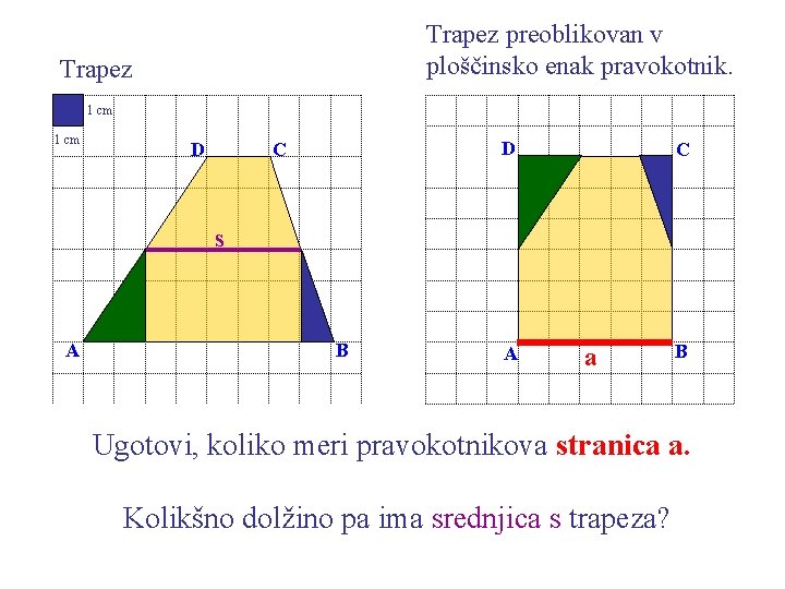 Trapez preoblikovan v ploščinsko enak pravokotnik. Trapez 1 cm D C s A B