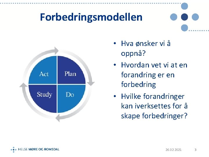 Forbedringsmodellen • Hva ønsker vi å oppnå? • Hvordan vet vi at en forandring