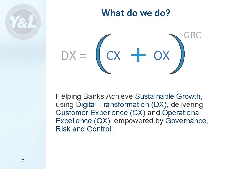 What do we do? GRC DX = CX OX Helping Banks Achieve Sustainable Growth,