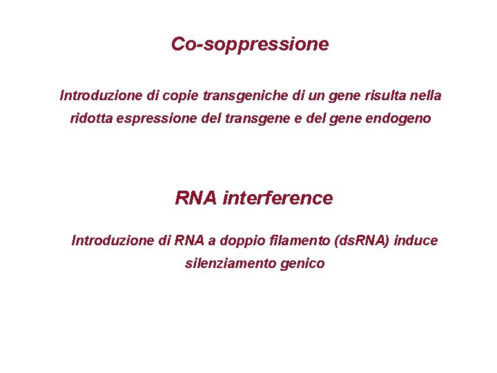 Co-soppressione Introduzione di copie transgeniche di un gene risulta nella ridotta espressione del transgene