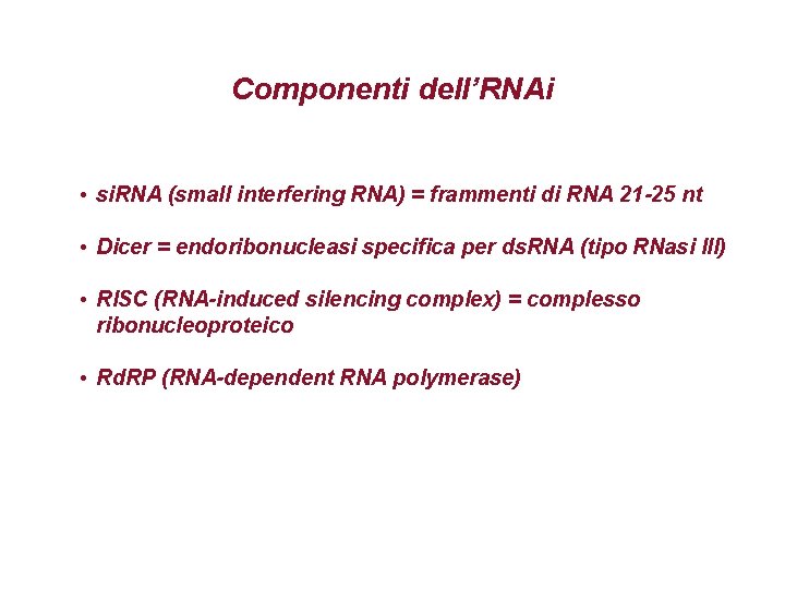 Componenti dell’RNAi • si. RNA (small interfering RNA) = frammenti di RNA 21 -25
