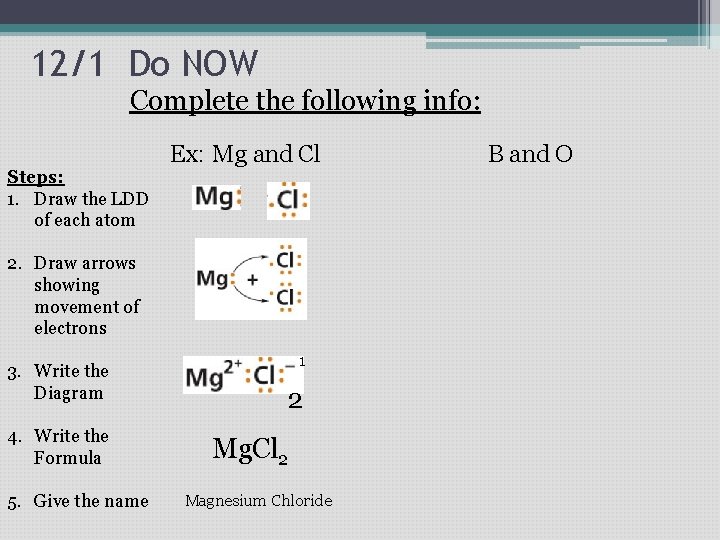 12/1 Do NOW Complete the following info: Ex: Mg and Cl Steps: 1. Draw 12/1 Do NOW Complete the following info: Ex: Mg and Cl Steps: 1. Draw