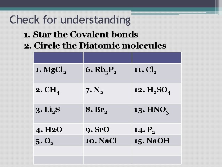 Check for understanding 1. Star the Covalent bonds 2. Circle the Diatomic molecules 1. Check for understanding 1. Star the Covalent bonds 2. Circle the Diatomic molecules 1.