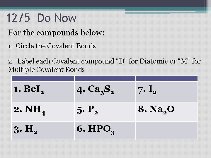 12/5 Do Now For the compounds below: 1. Circle the Covalent Bonds 2. Label 12/5 Do Now For the compounds below: 1. Circle the Covalent Bonds 2. Label