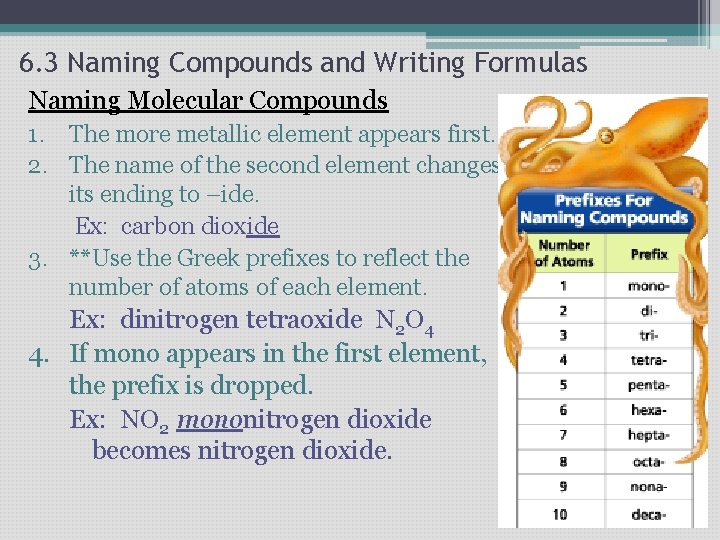 6. 3 Naming Compounds and Writing Formulas Naming Molecular Compounds 1. The more metallic 6. 3 Naming Compounds and Writing Formulas Naming Molecular Compounds 1. The more metallic