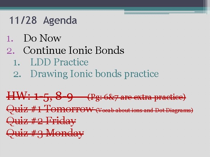 11/28 Agenda 1. Do Now 2. Continue Ionic Bonds 1. LDD Practice 2. Drawing 11/28 Agenda 1. Do Now 2. Continue Ionic Bonds 1. LDD Practice 2. Drawing